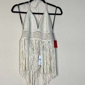 FOREVER 21 CROCHET HALTER TOP BEIGE